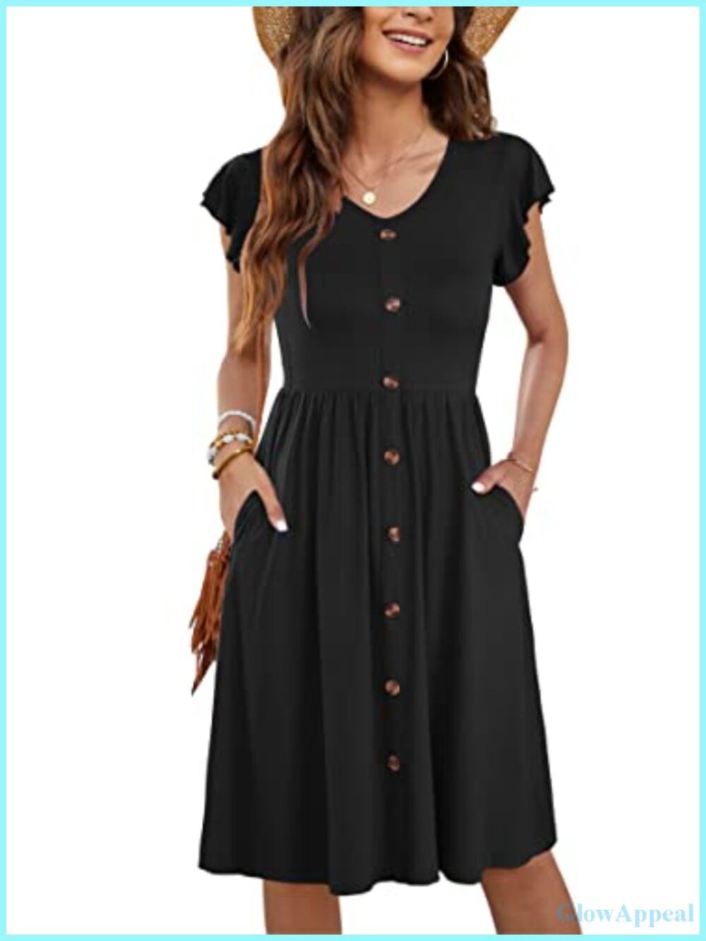 Women's V Neck Ruffle Sleeve A-Line Summer Dress with Pockets